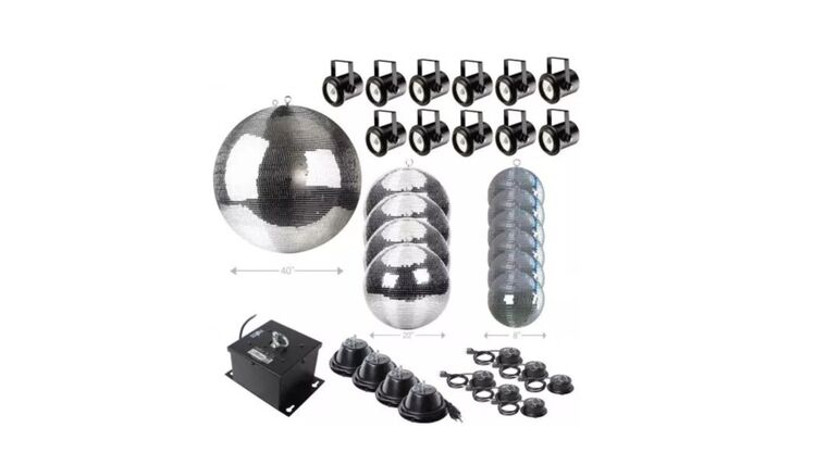 Package – Mirror Disco Ball Package With 40″, 20″, and 8″ Mirror Balls & Pinspot Lighting Fixtures | Rental