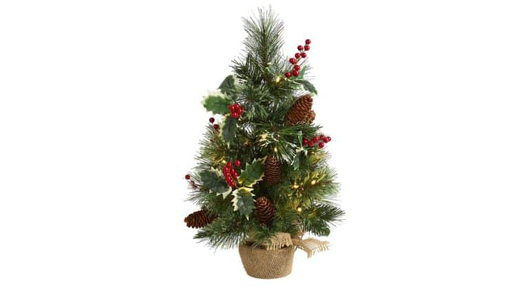 18” Mixed Pine Artificial Christmas Tree with Holly Berries, Pinecones, 35 Clear LED Lights and Burlap Base | Rental 18” Mixed Pine Artificial Christmas Tree with Holly Berries, Pinecones, 35 Clear LED Lights and Burlap Base | Rental
