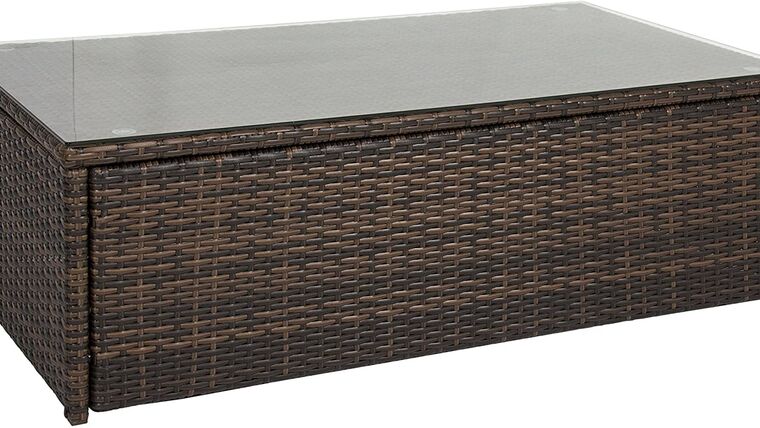 Coffee Table – Rectangle – Brown Rattan Outdoor Wicker Glass Top | Rental