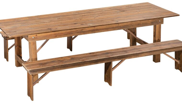 Antique Rustic Pine Farm Table Package w/Bench | Rental Antique Rustic Pine Farm Table Package w/Bench | Rental