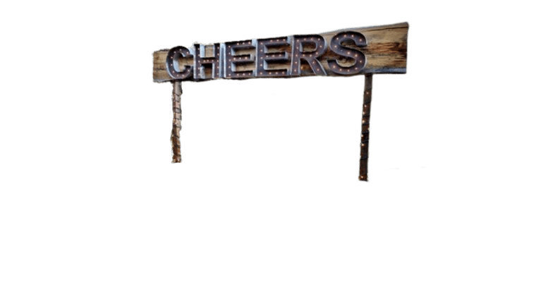 8′ Rustic Cheers Sign – w/6′ Legs & Bases | Rental 8′ Rustic Cheers Sign – w/6′ Legs & Bases | Rental