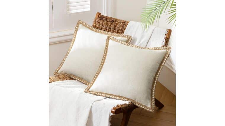 Farmhouse Modern Spring Decorative Throw Pillow Covers Burlap Linen Trimmed Outdoor Pillows Tailored Edges Off White 18 x 18 inches | Rental Farmhouse Modern Spring Decorative Throw Pillow Covers Burlap Linen Trimmed Outdoor Pillows Tailored Edges Off White 18 x 18 inches | Rental
