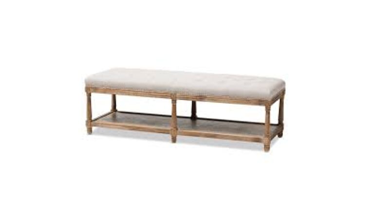 Baxton Studio Celeste Button Tufted Bedroom Bench in Beige and Oak | Rental Baxton Studio Celeste Button Tufted Bedroom Bench in Beige and Oak | Rental