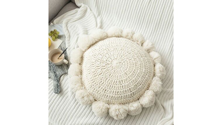 Knitted Throw Pillow Round Couch Pillow Sofa Cute Cushion Handmade Pompoms Decorative Plush Pillow – Beige | Rental Knitted Throw Pillow Round Couch Pillow Sofa Cute Cushion Handmade Pompoms Decorative Plush Pillow – Beige | Rental