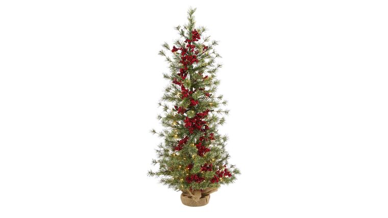 4’ Berry and Pine Artificial Christmas Tree with 100 Warm White Lights and Burlap Wrapped Base | Rental