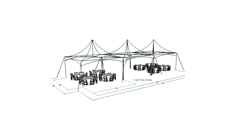 Package – 64 Guest High Peak Tent Package – 400 sq ft Bonus Space – Round Tables – I Layout | Rental
