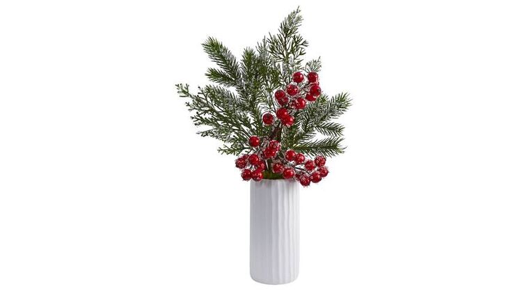 19” Iced Pine and Berries Artificial Arrangement in White Vase | Rental 19” Iced Pine and Berries Artificial Arrangement in White Vase | Rental