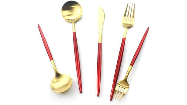 Package – Modern Gold & Red Matte 5 Piece Flatware Set | Rental