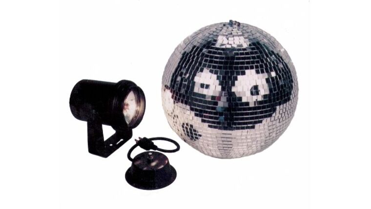Package – 8″ Disco Mirror Ball With AC Motor & Pin Spot – Silver | Rental