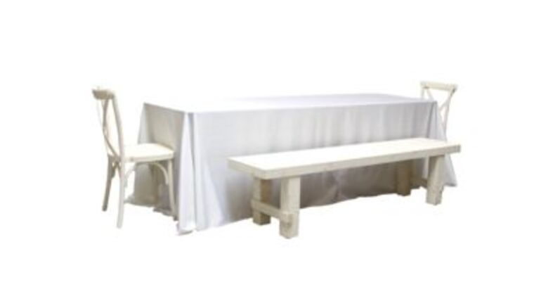 Package – 1 Banquet Table With 2 Vintage White Long Benches And 2 Vintage White Cross-Back Chairs Package | Rental Package – 1 Banquet Table With 2 Vintage White Long Benches And 2 Vintage White Cross-Back Chairs Package | Rental
