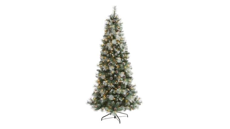 7’ Frosted Tip British Columbia Mountain Pine Artificial Christmas Tree with 400 Clear Lights, Pine Cones and 882 Bendable Branches | Rental