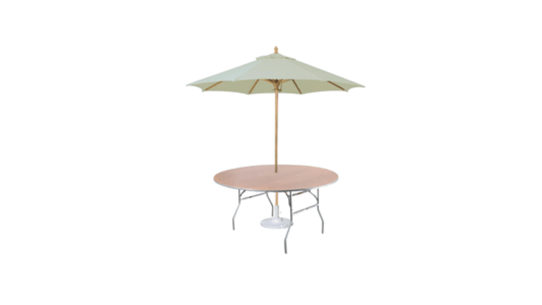 Banquet Table | Wood | Round | 66″ w/Umbrella Hole | Rental Banquet Table | Wood | Round | 66″ w/Umbrella Hole | Rental