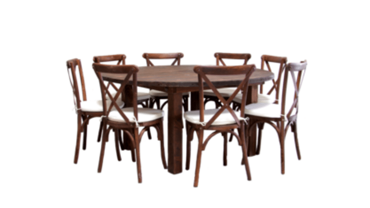 Package – 1 Mahogany Round Farm Table With 8 Cross-Back Chairs Package | Rental Package – 1 Mahogany Round Farm Table With 8 Cross-Back Chairs Package | Rental