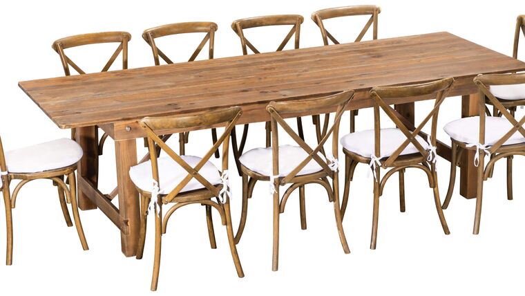 Antique Rustic Pine Farm Table Package w/Chairs | Rental Antique Rustic Pine Farm Table Package w/Chairs | Rental