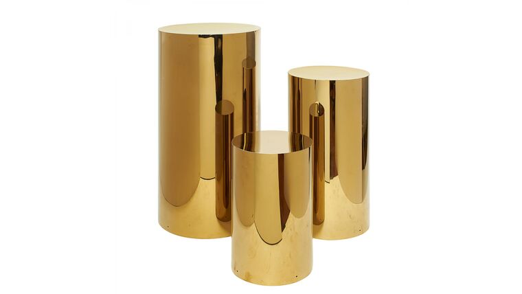 3 Piece Set Of Metal Cylinder Pedestals Display – Gold | Rental
