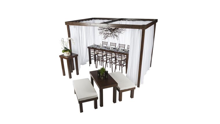 Cabana – 12’L x 12’w x 8’h Rustic Wood Cabana w/Sheer Drapes | Rental Cabana – 12’L x 12’w x 8’h Rustic Wood Cabana w/Sheer Drapes | Rental