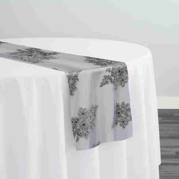 Venetian Lace Table Runner in Silver | Rental Venetian Lace Table Runner in Silver | Rental