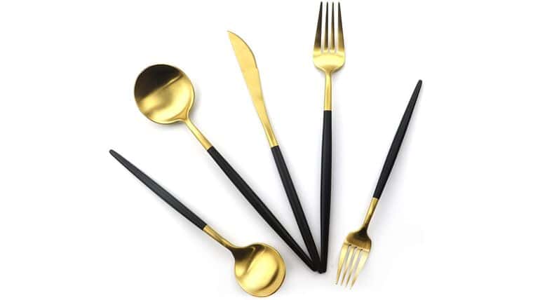 Package – Modern Gold & Black Matte 5 Piece Flatware Set | Rental