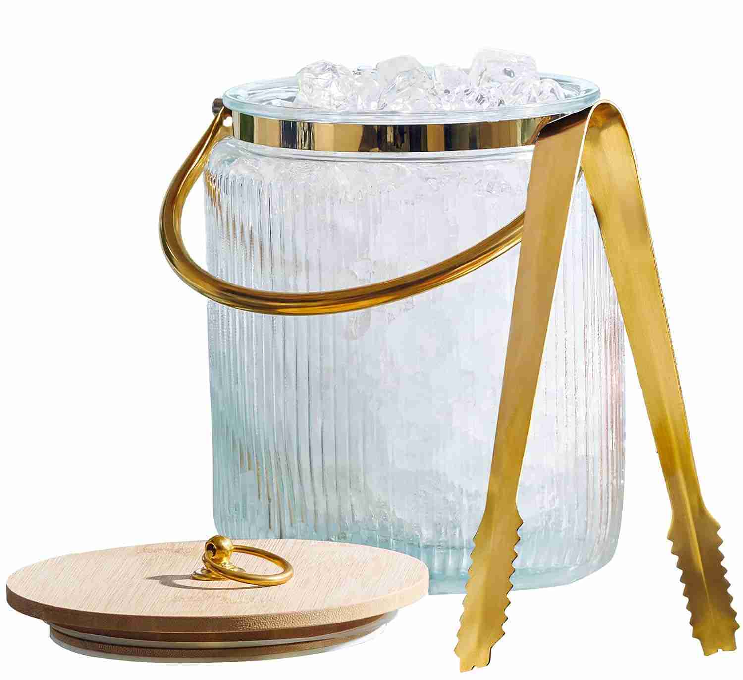 Glass Ice Bucket with Airtight Lid, Ice Tong Scooper and Handle – 3L Ribbed Beverage Tub Cocktail Home Bar Accessories, Wine, Beer – Chiller for Parties, Champagne Drink Tub… | Rental