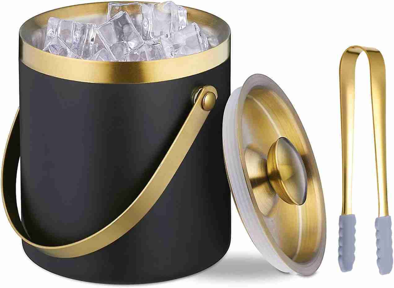 Ice Bucket with Lid, Handle and Tong Black Gold Insulated Stainless Steel Champagne Bucket 2L Wine Bucket for Party Bar Cart Accessories Large Double Wall Bucket Keep Frozen | Rental