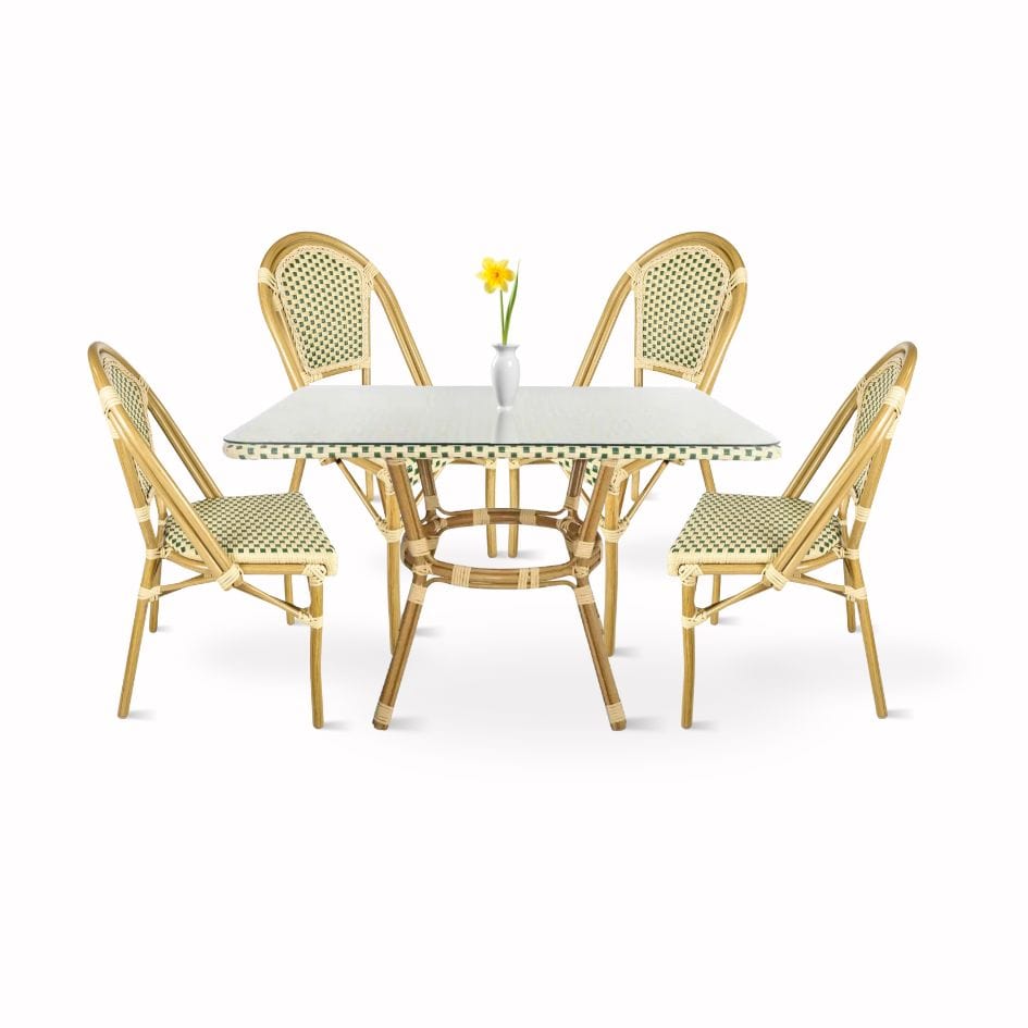 Beige and Green French Bistro Set Includes 48″ x 36″ Table and 4 Chairs | Rental Beige and Green French Bistro Set Includes 48″ x 36″ Table and 4 Chairs | Rental
