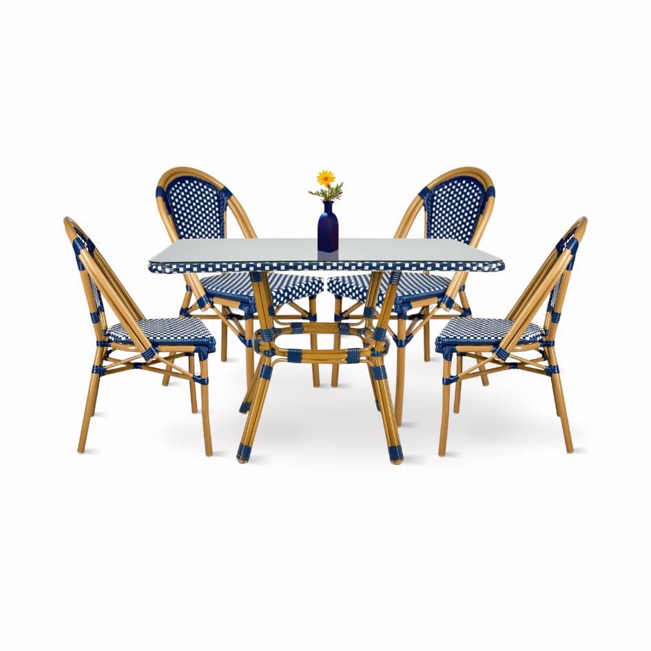Blue and White French Bistro Set Includes 48″ x 36″ Table and 4 Chairs | Rental Blue and White French Bistro Set Includes 48″ x 36″ Table and 4 Chairs | Rental
