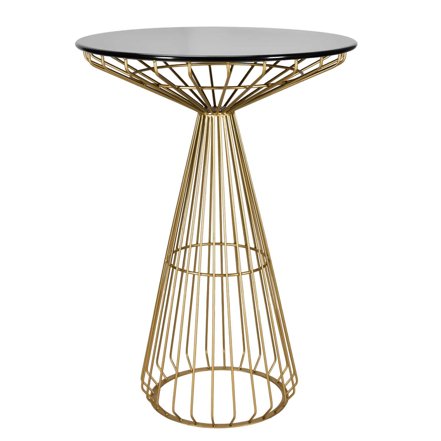 Gold Wire Cocktail Table with 32″ Black Top and Polished Gold Steel Frame | Rental Gold Wire Cocktail Table with 32″ Black Top and Polished Gold Steel Frame | Rental