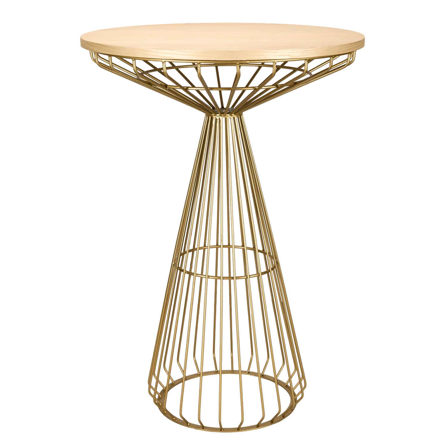 Gold Wire Cocktail Table with Natural Oak 32″ Top and Elegant Gold Steel Base | Rental Gold Wire Cocktail Table with Natural Oak 32″ Top and Elegant Gold Steel Base | Rental