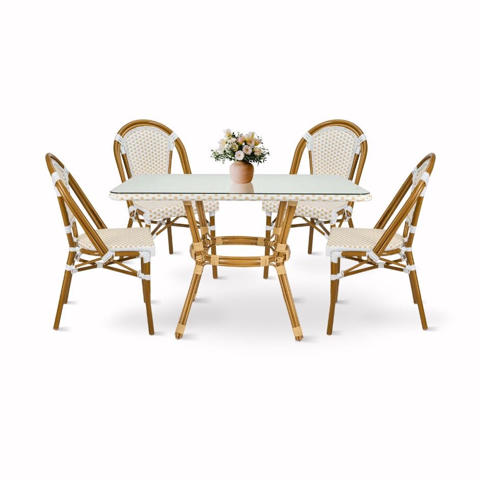 White and Beige French Bistro Set Includes 48″ x 36″ Table and 4 Chairs | Rental White and Beige French Bistro Set Includes 48″ x 36″ Table and 4 Chairs | Rental