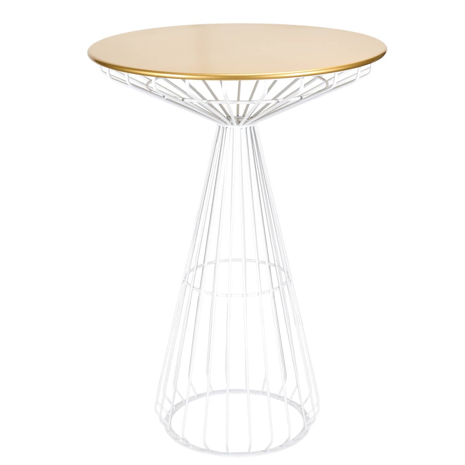 White Wire Cocktail Table with 32″ Round Gold Top and Strong White Steel Base | Rental White Wire Cocktail Table with 32″ Round Gold Top and Strong White Steel Base | Rental