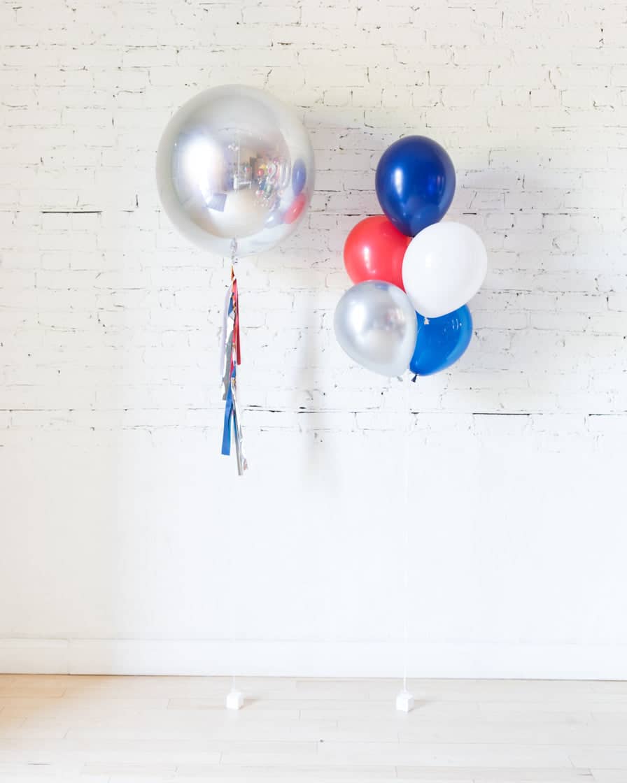 Red, White and Blue Palette 11in Balloon Bouquet and Silver Orb Set | Rental