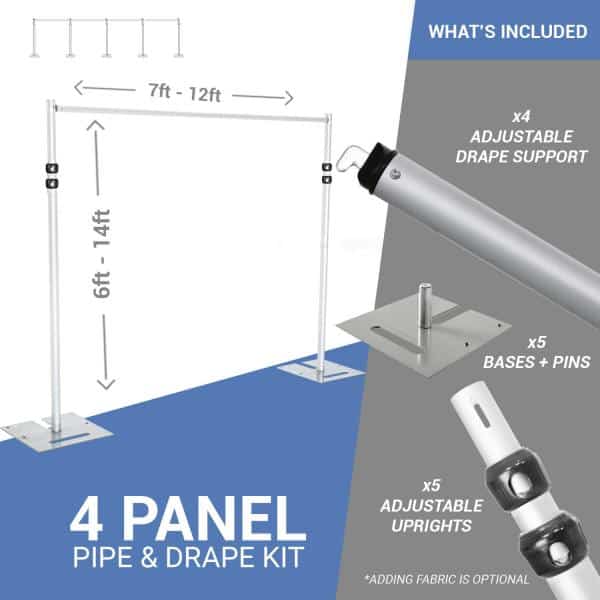 DELUXE-4 Panel Pipe and Drape Kit / Backdrop – 6-14 Feet Tall (Adjustable) Comes W/ 3 Piece Uprights for Maximum Height Adjustment | Rental DELUXE-4 Panel Pipe and Drape Kit / Backdrop – 6-14 Feet Tall (Adjustable) Comes W/ 3 Piece Uprights for Maximum Height Adjustment | Rental