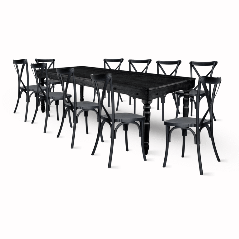 Black Fluted Leg Farm Table Dining Set with 10 Chairs | Rental Black Fluted Leg Farm Table Dining Set with 10 Chairs | Rental