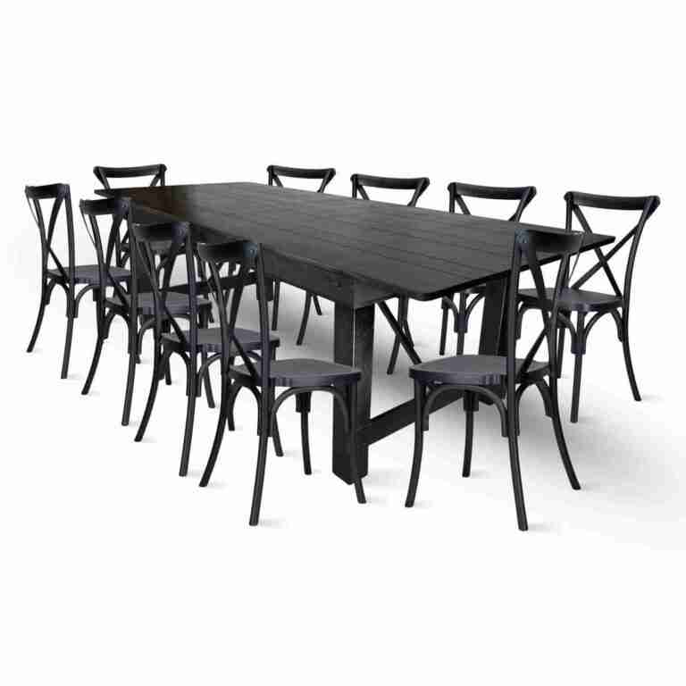 Black Straight Leg Farm Table Dining Set with 10 Chairs | Rental Black Straight Leg Farm Table Dining Set with 10 Chairs | Rental