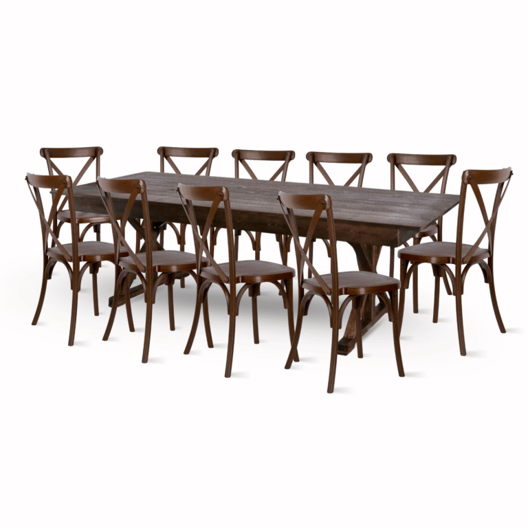 Fruitwood X-Leg Farm Table Dining Set with 10 Chairs | Rental Fruitwood X-Leg Farm Table Dining Set with 10 Chairs | Rental